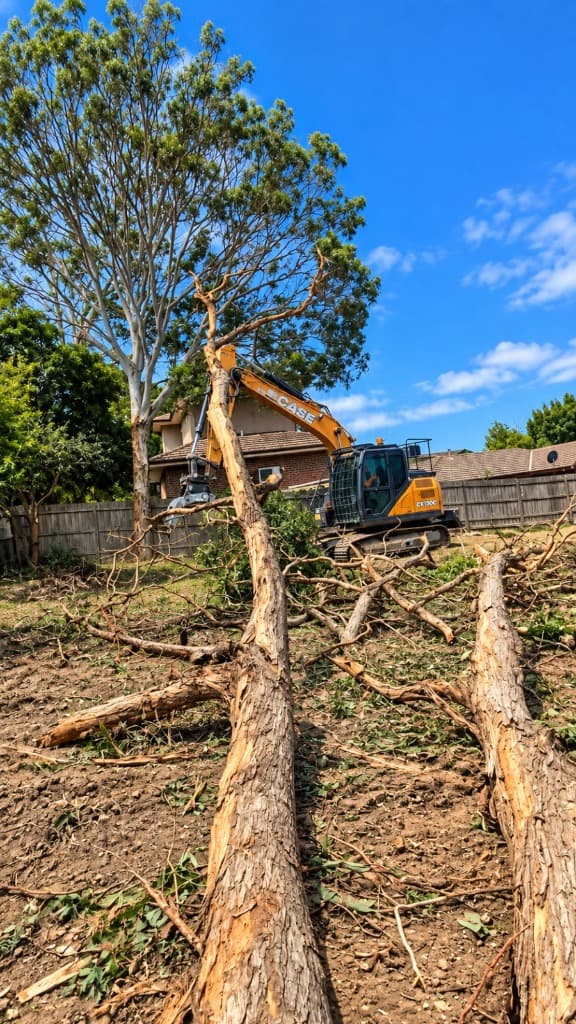 Heavy CASE excavator clearing timber and site preparation in Townsville